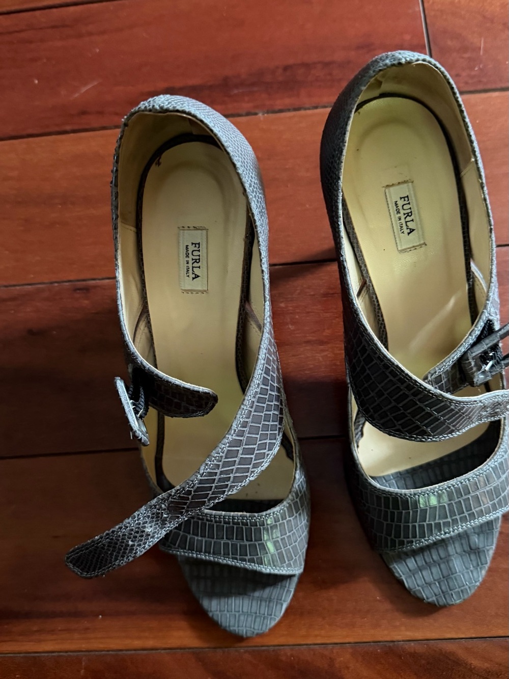 Furla Gray Textured Leather Mary Jane Peep-Toe Heels